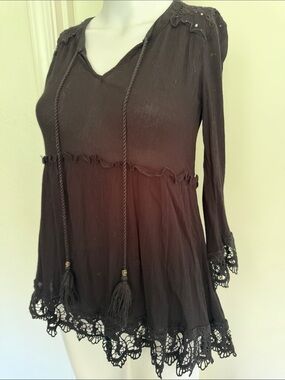 Knox Rose | Black Peasant Top Crochet Lace Eyelet Size XS